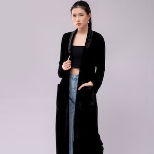 Long Mulberry Silk Velvet Duster, Black Long Cardigan Coat with Pockets, Velvet Duster Coat, Women Velvet Coat Long Sleeve Duster