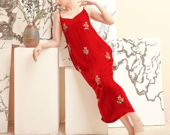 Silk Velvet Embroidery Slip Dress , Hand Embroidered Floral  Slip Dress, Party Dress