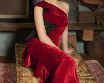 Red Mulberry Silk Velvet Dress , Luxurious Silk Velvet Ruffle Dress, Long Dress, Wedding Dress for Women, Party Dresses, Made to Order Dress