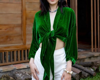 Silk Velvet Top Women - Kelly Green Sleeve Blouse - Silk Velvet Front Tie Blouse Women - Velvet Top Women