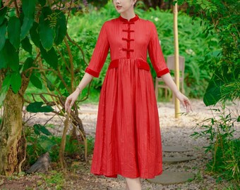 Pure silk dress, mulberry silk dress, 100% silk mulberry dress with velvet details, handmade chinese knot button