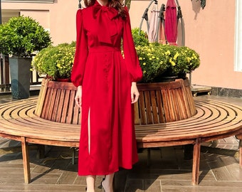 Silk dress - bow tie long dress - women party dress - elegant silk dress long sleeve - silk button
