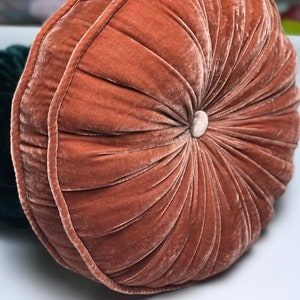 Salmon luxury velvet round pillow, silk velvet round pillow, decorative throw pillow cushion, handmade pillow, handmade in Vietnam image 2