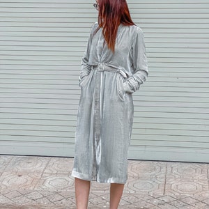 Silk Velvet Trench Coat,  Pastel Grey Trench Coat With Belts, Velvet Coat Women , Trench Coat Dress