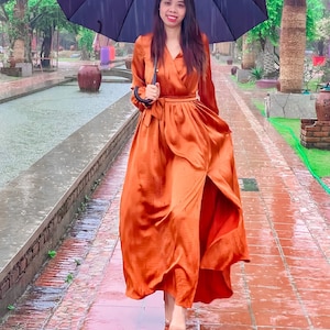 Long silk dress - maxi dress - women party dress - elegant silk dress long sleeve
