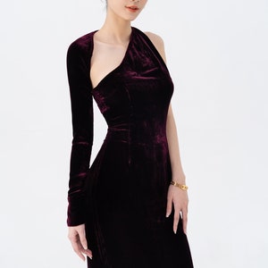Ready to ship Mulberry Silk Velvet Long Open Dress , Pure Silk Velvet Backless Dress, Velvet One Shoulder Dress, Asymmetrical One Sleeve image 1