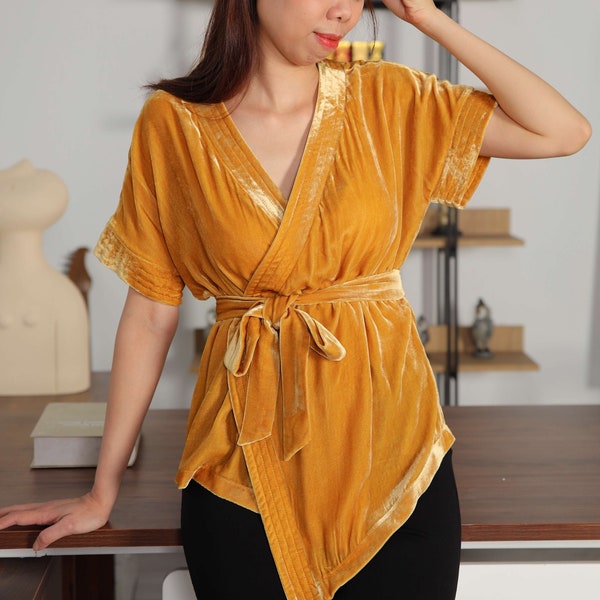 Silk Velvet Wrap Top Women - Medallion Yellow Short Sleeve Blouse - Silk Velvet Blouse Women - Velvet Top Women