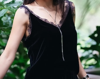 Silk Velvet Cami Top with Lace Trim — Handmade Spaghetti Strap Blouse, Minimalist Velvet Tank for Women