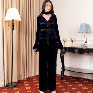 Ready to ship - Mulberry Silk Velvet Set , Long Sleeve Top With Choker, High Waist and Wide Leg Pants,