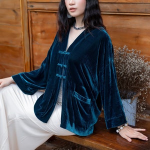 Silk Velvet Kimono With Pocket- Chinese Knotted Button - Lining Coat