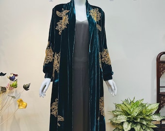Long Silk Velvet Duster With Hand Embroidery – Long Cardigan Jacket – Velvet Duster Coat - Women Cardigan Jacket - Fall Velvet Cardigan