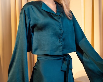 Summer Silk Set - High Waist Skirt - Long Sleeve Blouse - Wrap Dress - Silk Trumpet Sleeve Top - Silk Set Women