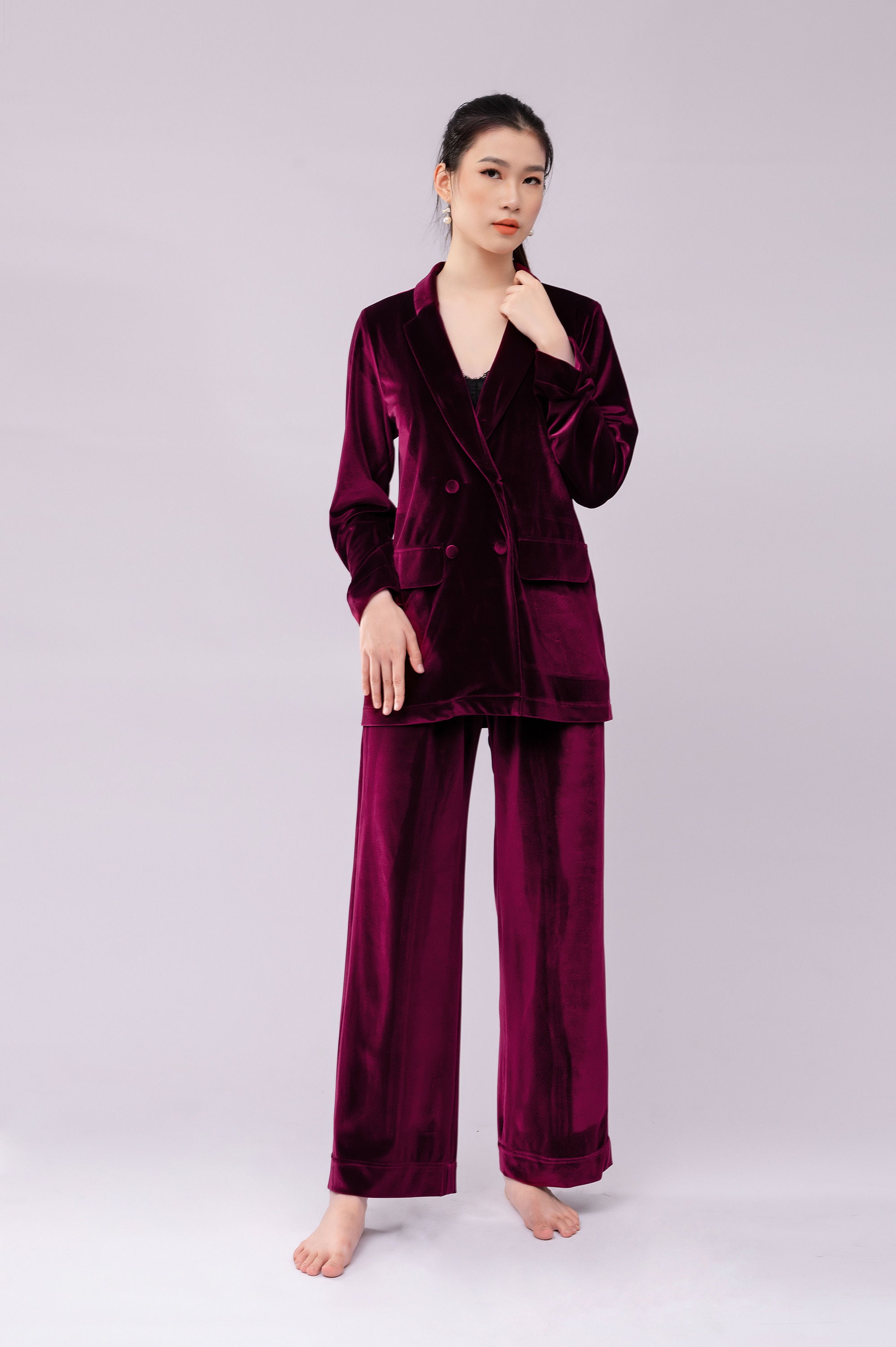 Velvet Pajamas, Women Pink Purple Velvet, Winter Women Pyjama Set