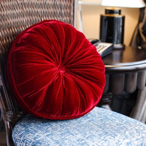 Deep Red luxury velvet round pillow, silk velvet round pillow, decorative throw pillow cushion, handmade pillow, handmade in Vietnam