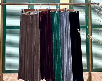 Silk Velvet Pants Women High Waist - Front Zipper - Back Elastic Waist Band - Wide Leg Pants