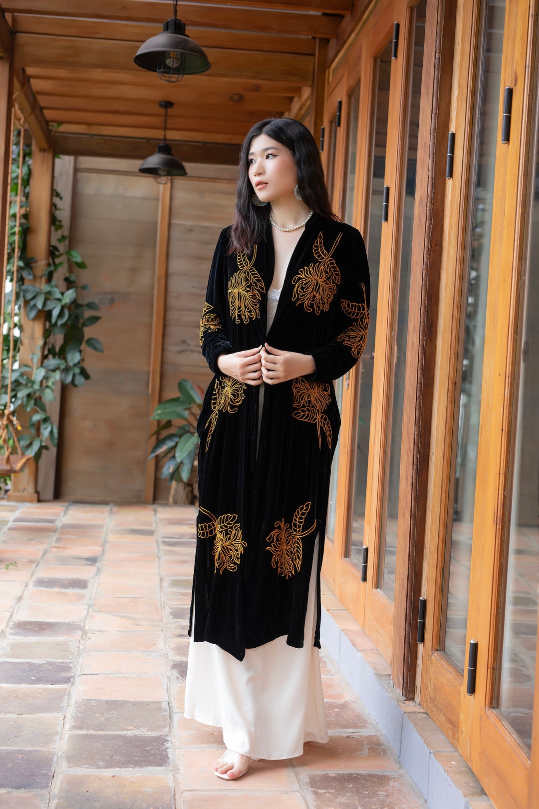 Long Silk Velvet Duster With Hand Embroidery – Side Pockets – Side