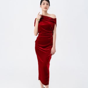 Red Mulberry Silk Velvet Dress , Luxurious Silk Velvet Asymmetrical Dress, Wedding Dress, Bridesmaid Dress, Party Dress, Made To Order Dress