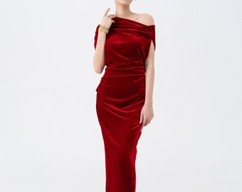 Prêt-à-partir - Robe en velours de soie mûre rouge, luxueuse robe asymétrique en velours de soie, robe de mariée, robe de demoiselle d'honneur, robe de soirée