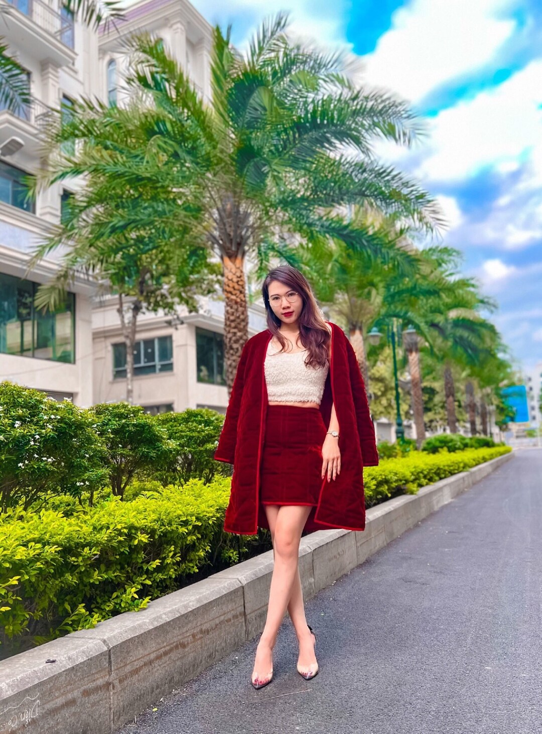 Winter Velvet Short Jacket Belt Mini Skirt Set main image 1