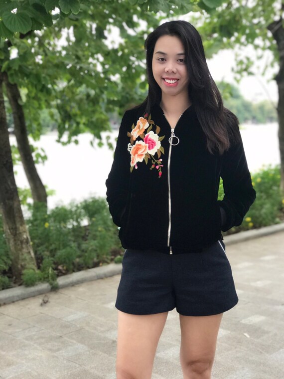 Silk Velvet Zip up Jacket – Black Velvet Women Jacket – Hand