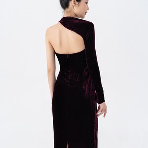 Ready to ship Mulberry Silk Velvet Long Open Dress , Pure Silk Velvet Backless Dress, Velvet One Shoulder Dress, Asymmetrical One Sleeve image 6