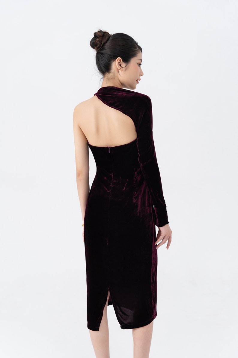 Ready to ship Mulberry Silk Velvet Long Open Dress , Pure Silk Velvet Backless Dress, Velvet One Shoulder Dress, Asymmetrical One Sleeve image 6