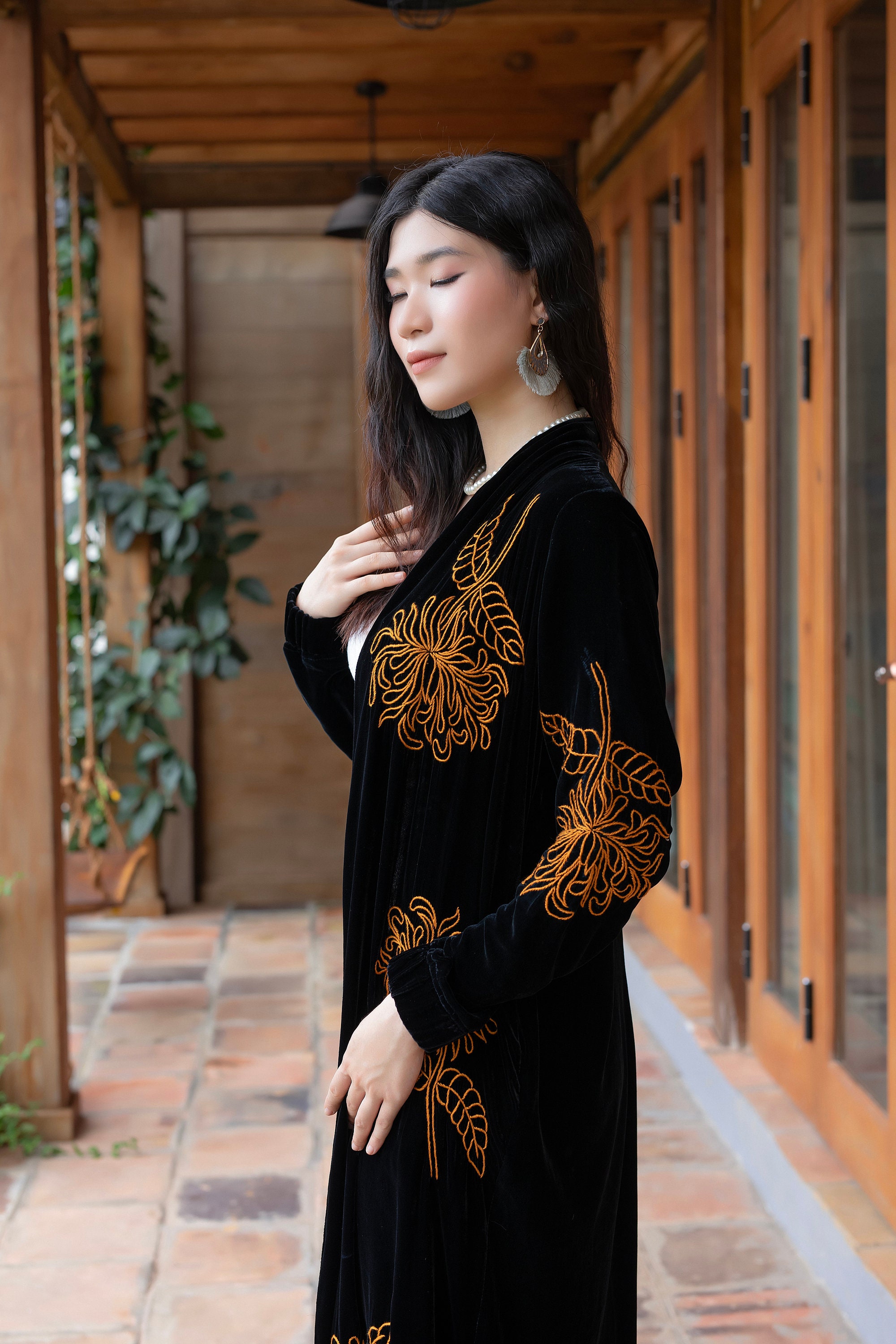 Long Silk Velvet Duster With Hand Embroidery – Side Pockets – Side