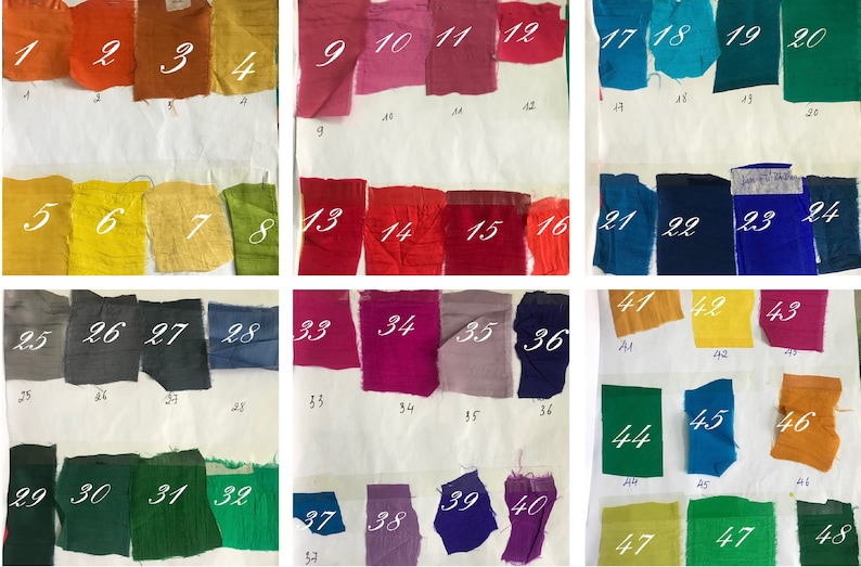 May include: A collection of 48 fabric swatches in various colors, numbered 1 through 48. The swatches are arranged in rows of four, with each row representing a different color family. The swatches are all approximately the same size and shape.