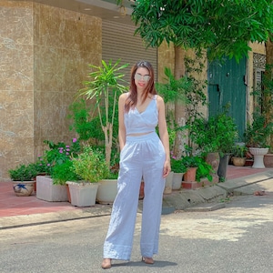 White linen set - Linen Two Piece Set - Linen Pants and Top - Deep V Sleeveless Top - Linen Clothing