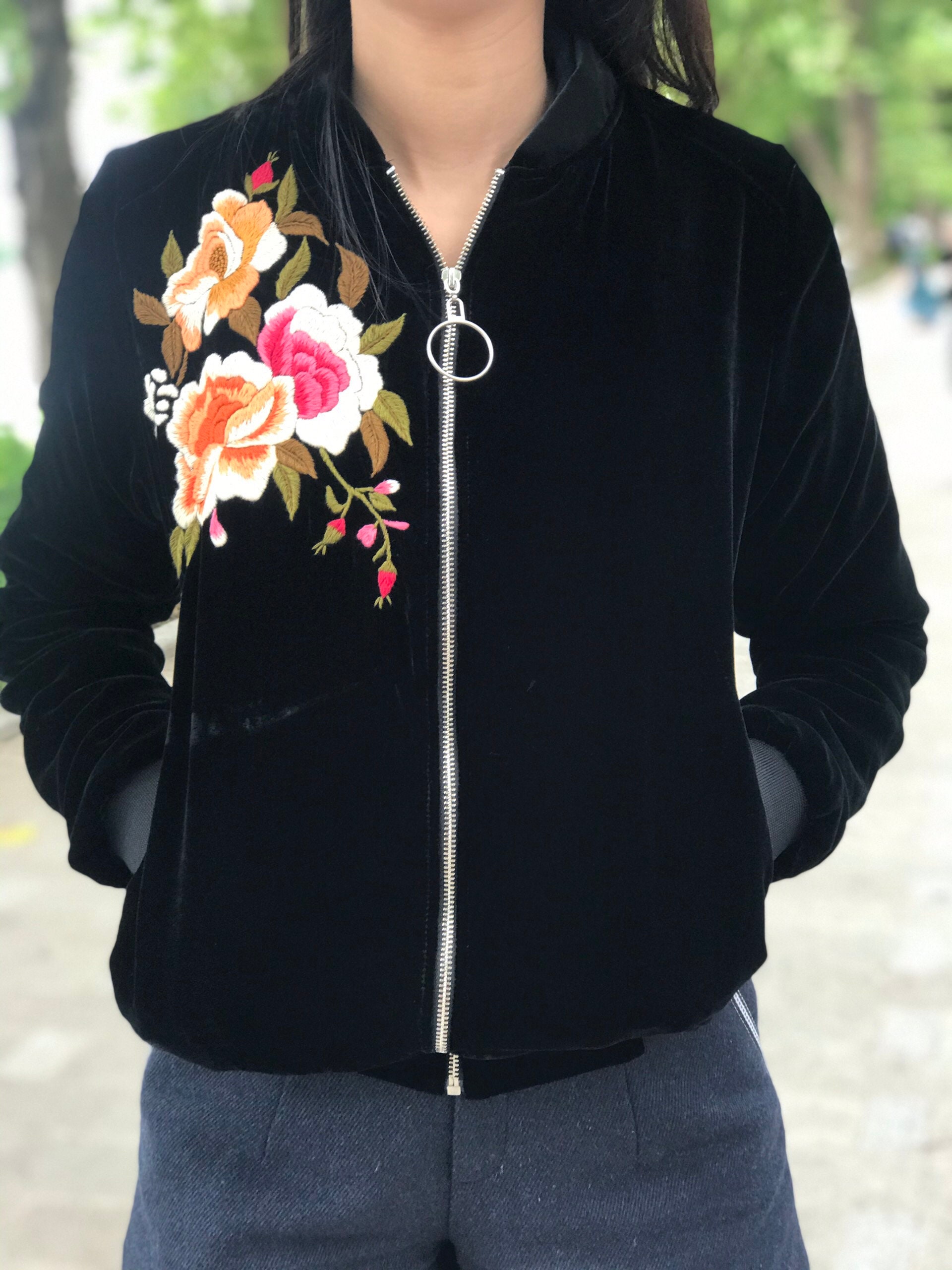 Silk Velvet Zip up Jacket – Black Velvet Women Jacket – Hand