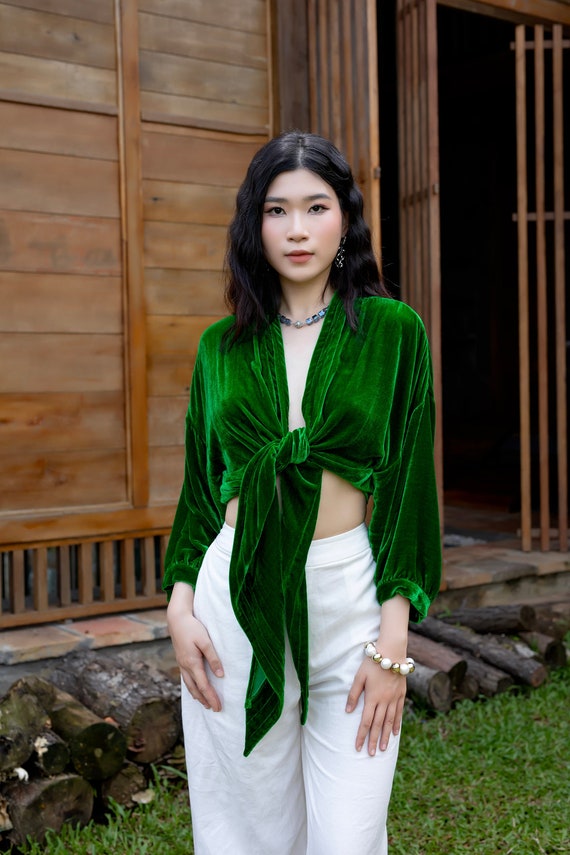 Silk Velvet Top Women - Kelly Green Sleeve Blouse - Silk Velvet