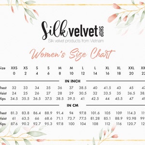 May include: A size chart for women's clothing, showing measurements in inches and centimeters. The chart includes sizes from XXS to XXL, with measurements for chest, waist, and hips.