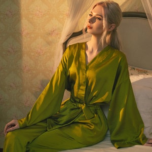 Silk Pajamas Women - Pajamas Set Long - Silk Set Loungeware - Silk Pyjamas Set - Women Kimono Pajamas - Long Sleeve Home Wear