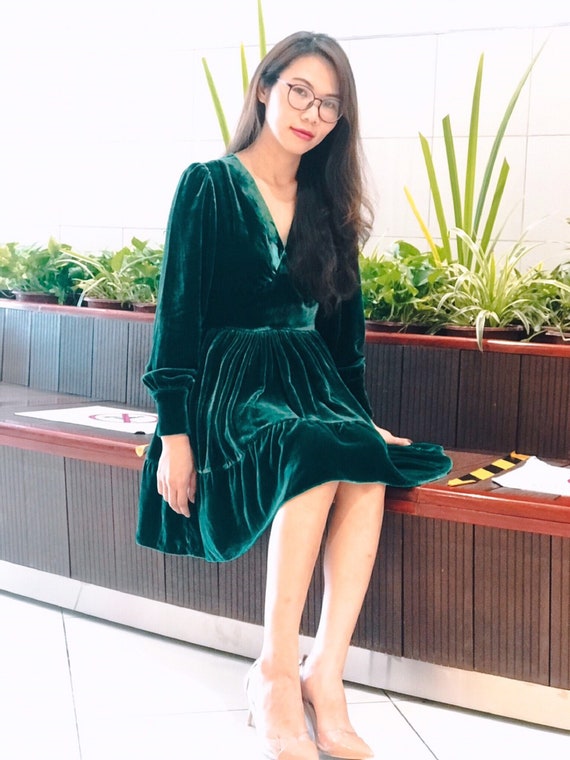 Silk Velvet Midi Dress Long Sleeve 
