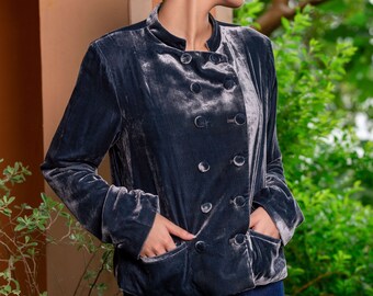 Silk velvet military trench coat – double breasted trench coat -Trench Coat Womens - Velvet Short Jacket - Long Sleeve Jacket - Silk Lining