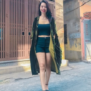 Silk Velvet Coat,Luxurious Silk Velvet Duster Coat with pocket