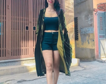 Silk Velvet Coat,Luxurious Silk Velvet Duster Coat with pocket