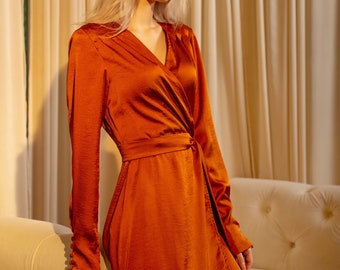 Midi Silk Dress - V Neck Wrap Dress - Women Silk Wrap Dress - Elegant Wrap Dress Long Sleeve