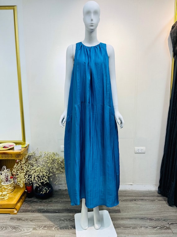Pure silk dress, mulberry silk dress, 100% silk mulberry sleeveless dress, blue maxi dress