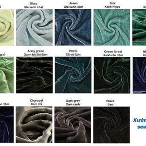 May include: A chart of 12 different velvet fabric swatches in various colors, including mint, slate, jeans, teal, juniper, fern, army green, petrol, green forest, midnight blue, navy, charcoal, dark grey, and black. The text "Xưởng kh&acirc;u tay sew by hand" is at the bottom of the chart.