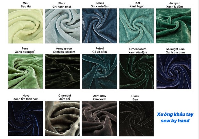 May include: A chart of 12 different velvet fabric swatches in various colors, including mint, slate, jeans, teal, juniper, fern, army green, petrol, green forest, midnight blue, navy, charcoal, dark grey, and black. The text "Xưởng kh&acirc;u tay sew by hand" is at the bottom of the chart.
