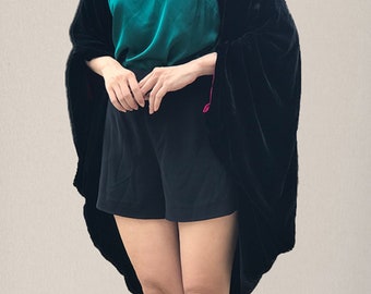 Silk Velvet Coat,Luxurious Silk Velvet Duster Coat, Black Coat