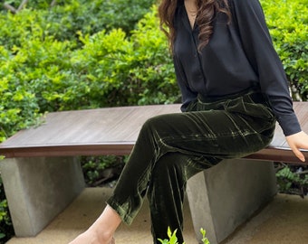 Silk Velvet Baggy Pants Women High Waist - Army Green Pants - Silk Velvet Pants - Tapered Pants