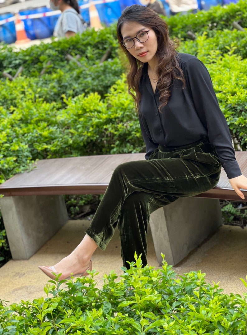 Silk Velvet Baggy Pants Women High Waist - Army Green Pants - Silk Velvet Pants - Tapered Pants image 1