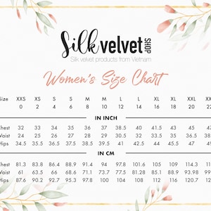 May include: A size chart for women's clothing, showing measurements in inches and centimetres. The chart includes sizes from XXS to XXL, with measurements for chest, waist, and hips.