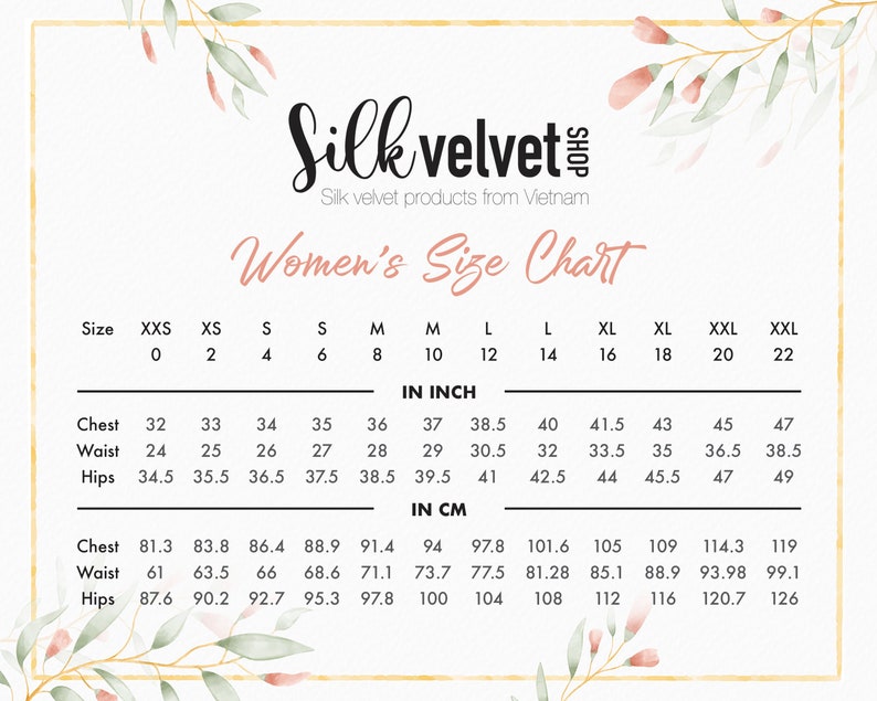 May include: A size chart for women's clothing, showing measurements in inches and centimetres. The chart includes sizes from XXS to XXL, with measurements for chest, waist, and hips.