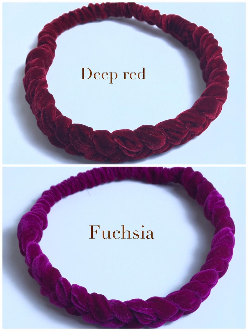 May include: Two velvet headbands, one deep red and one fuchsia. Both headbands are braided and have a stretchy fit.