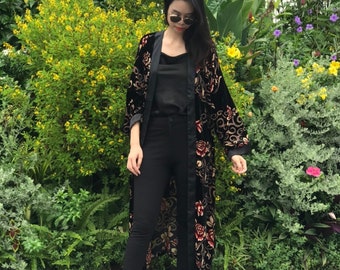 Print silk velvet, Flower Long Sleeve Kimono, Silk Velvet Cardigan, Boho style cardigan, Comfortable Lounge Wear Robe, Long Kimono