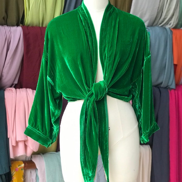 Silk Velvet Top Women - Kelly Green Sleeve Blouse - Silk Velvet Front Tie Blouse Women - Velvet Top Women