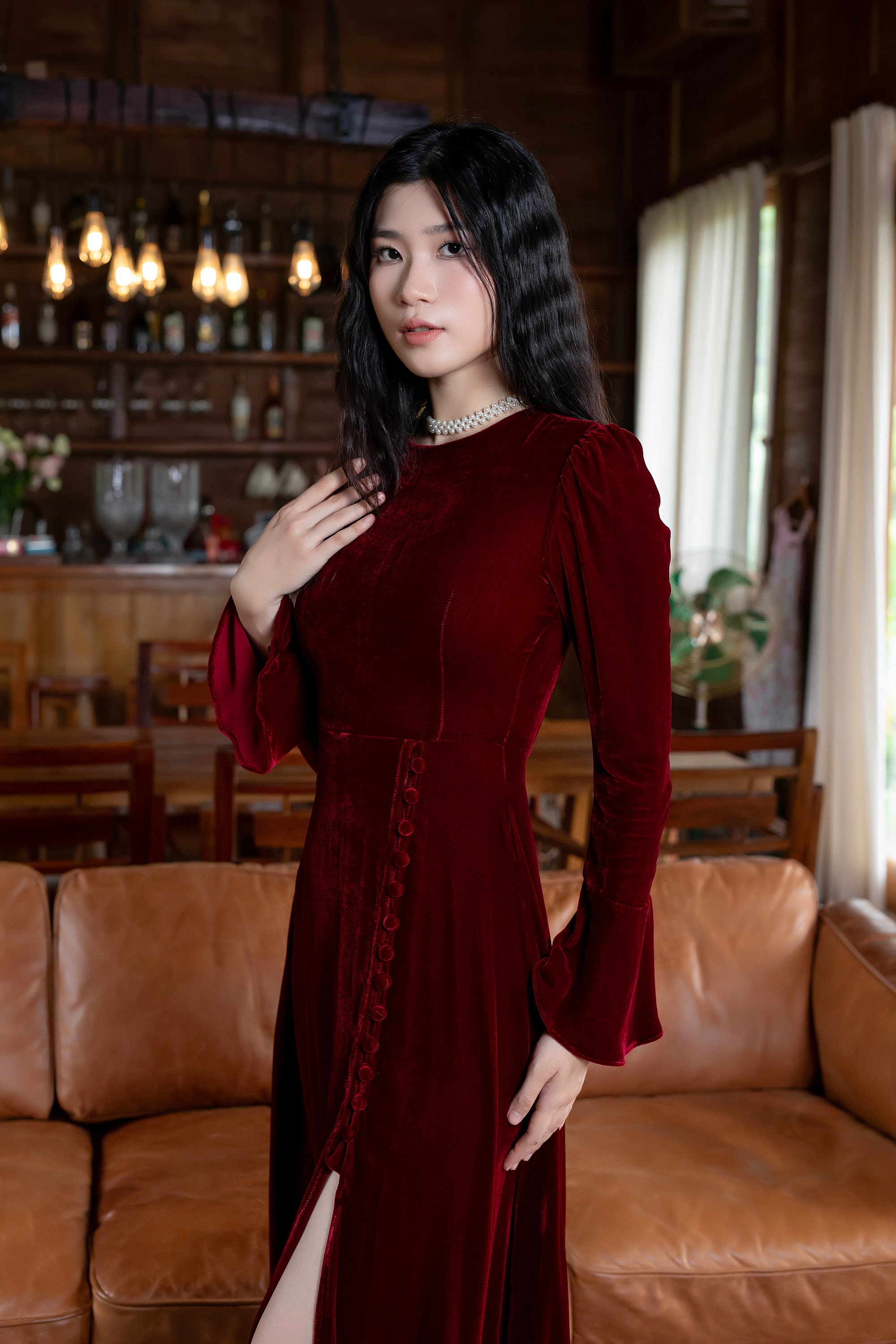 Silk Velvet Dress , Luxurious Silk Velvet Dress With Sleeves
